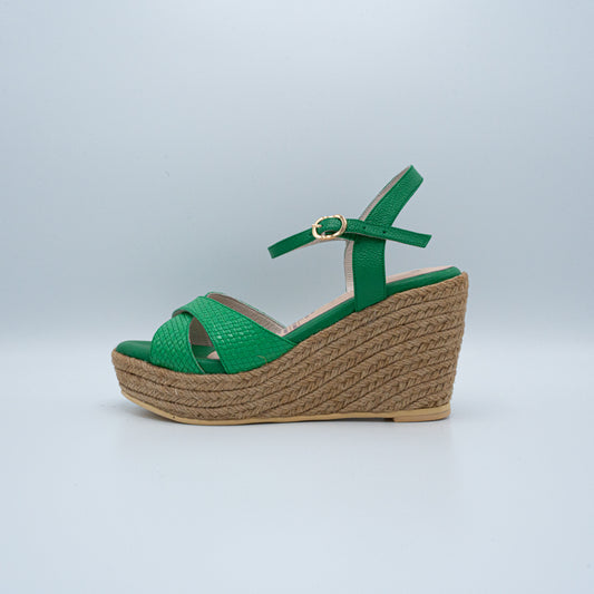 Andromia Yute sandalia plataforma yute verde - Moon Shoetique - Cuero genuino artesanal detalle plataforma