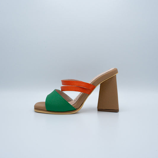 Eupria sandalia tacón bloque multicolor verde naranja nude - Moon Shoetique - Cuero genuino artesanal detalle tacón