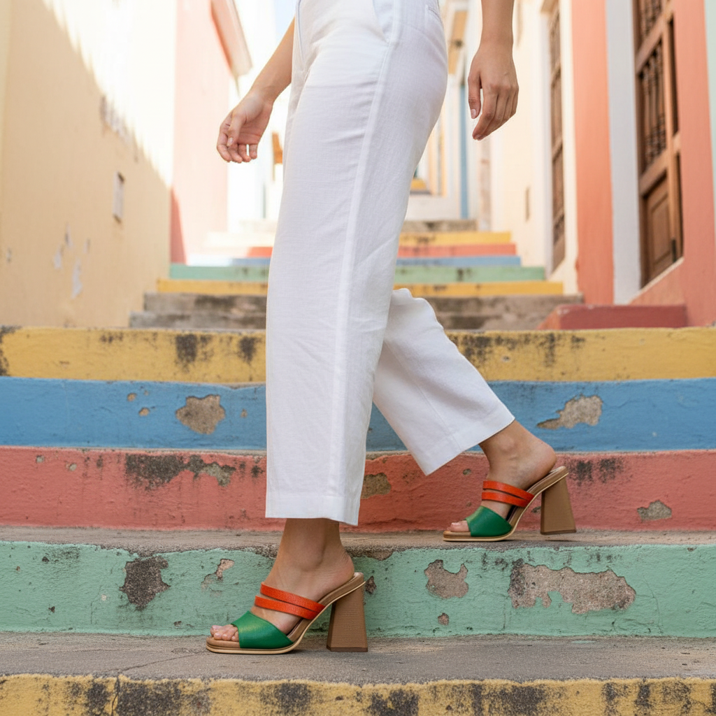 Sandalia en multicolor nude, verde y anaranjada
